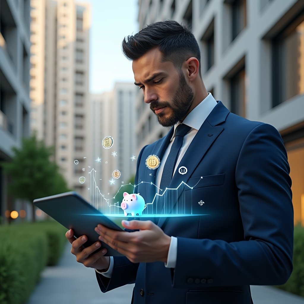 Ultra-realistic condominium manager in a navy blue suit, set in a modern luxury condominium environment with high-rise buildings and green landscaping, reviewing financial reports on a holographic tablet with confident focus, surrounded by floating holographic icons of coins, a declining-cost bar chart and a piggy bank symbolizing savings, cinematic lighting, shallow depth of field, highly detailed textures, realistic skin, photographic realism, 8k resolution --ar 1:1 --v 6