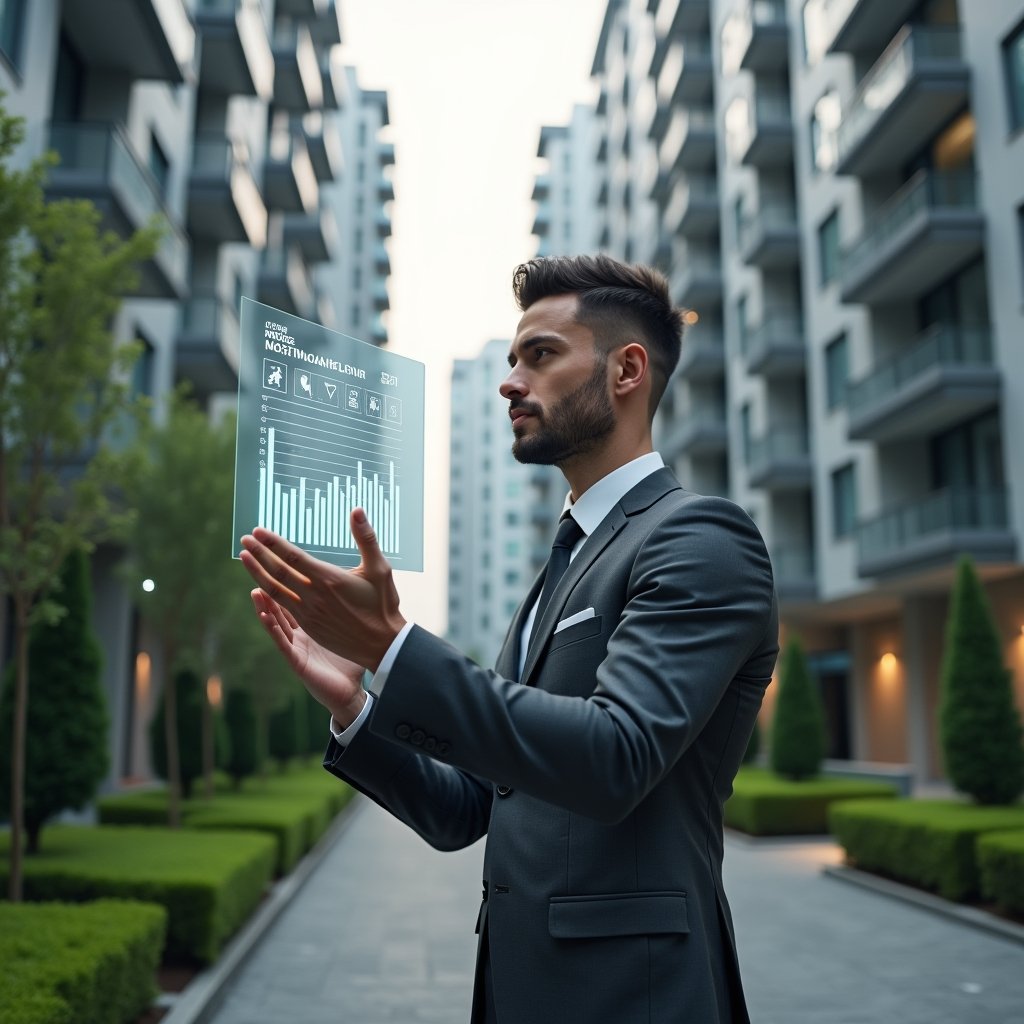 (Ultra-realistic condominium manager in a charcoal grey suit, set in a modern luxury condominium environment with high-rise buildings and lush green landscaping, inspecting a floating holographic budget chart showing downward expense trends and maintenance icons, analytical and confident expression, cinematic lighting, shallow depth of field, highly detailed textures, realistic skin, photographic realism, 8k resolution --ar 1:1 --v 6)