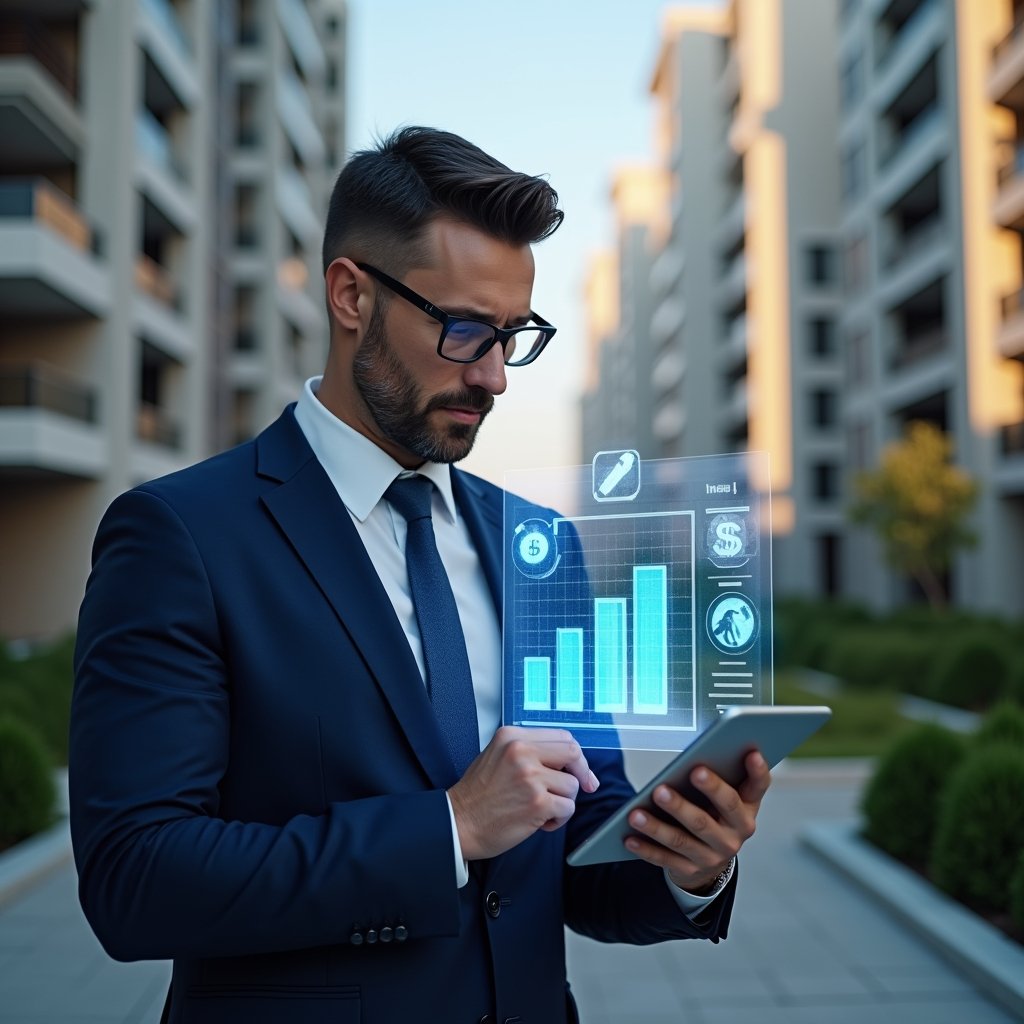 Ultra-realistic property manager in a navy blue suit, set in a modern luxury condominium environment with high-rise buildings and manicured green landscaping, holding a transparent holographic budget chart illustrating cost savings, reviewing data on a tablet with a confident, focused expression, subtle icons of construction tools and dollar symbols floating around, cinematic lighting, shallow depth of field, highly detailed textures, realistic skin, photographic realism, 8k resolution --ar 1:1 --v 6