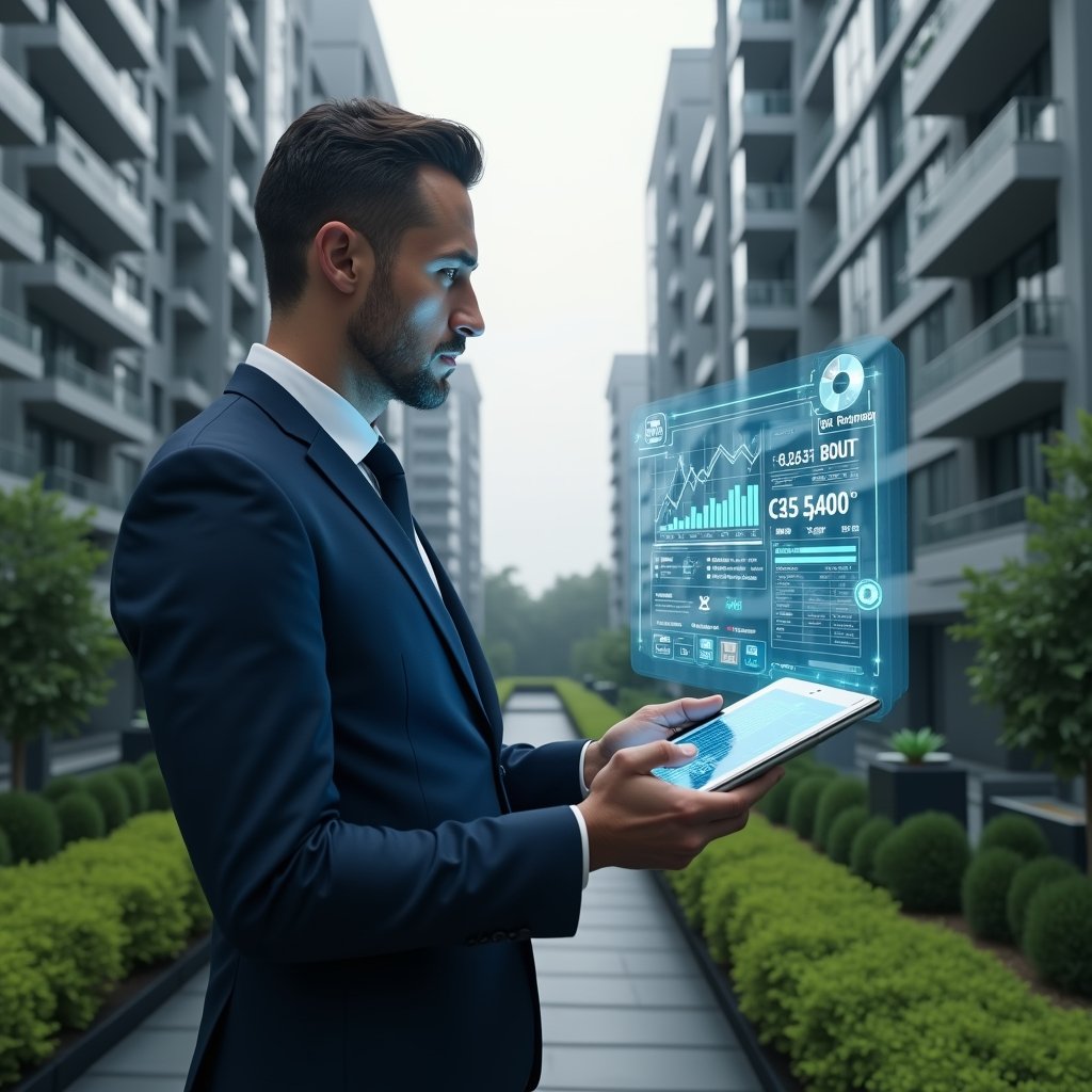 (Ultra-realistic condominium manager in a tailored navy suit, set in a modern luxury condominium environment with high-rise buildings and manicured green landscaping, examining a holographic budget chart with cost-saving graphs and icons floating above a digital tablet, conveying confidence and strategic focus, cinematic lighting, shallow depth of field, highly detailed textures, realistic skin, photographic realism, 8k resolution --ar 1:1 --v 6)