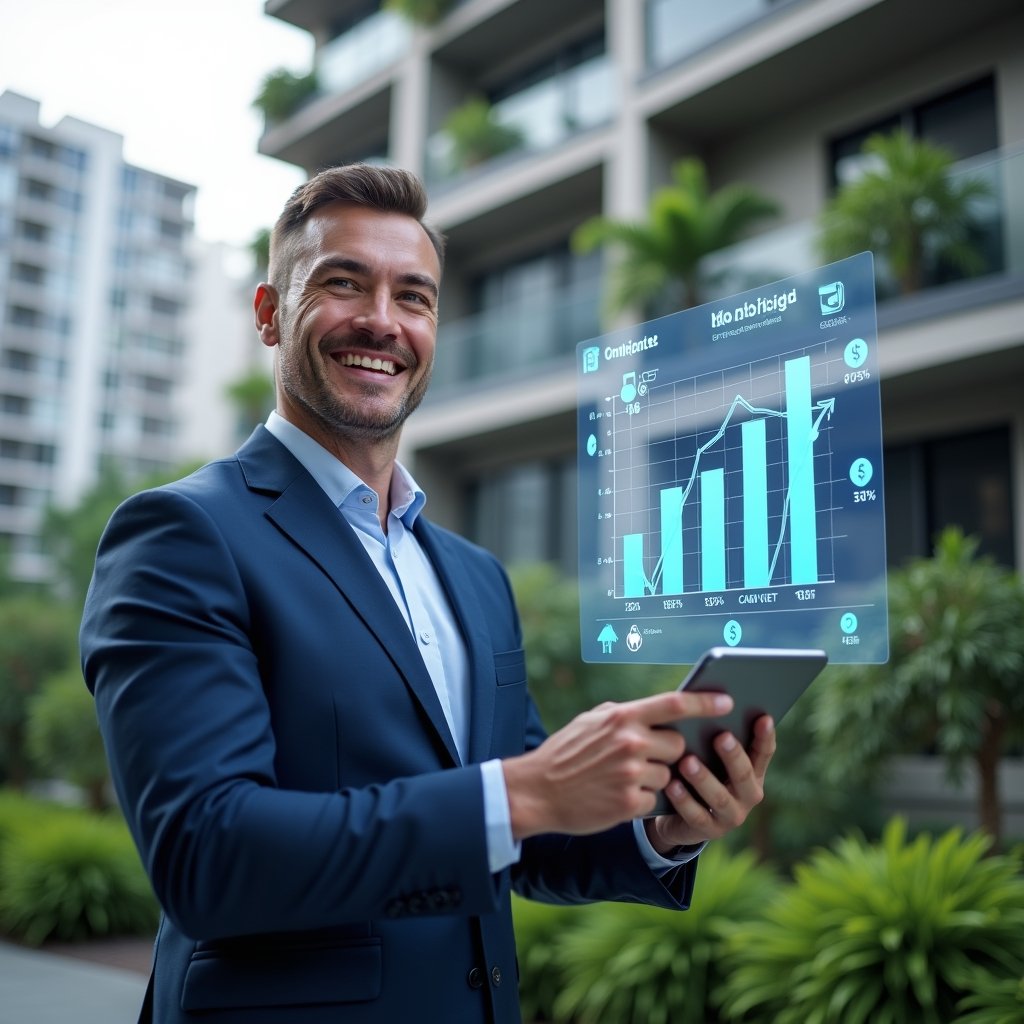 (Ultra-realistic property manager in a navy blue business suit, set in a modern luxury condominium environment with high-rise buildings and lush green landscaping, reviewing a holographic budgeting chart with graphs indicating cost reduction, holding a tablet and smiling confidently, surrounded by floating icons of tools and dollar signs, cinematic lighting, shallow depth of field, highly detailed textures, realistic skin, photographic realism, 8k resolution --ar 1:1 --v 6)