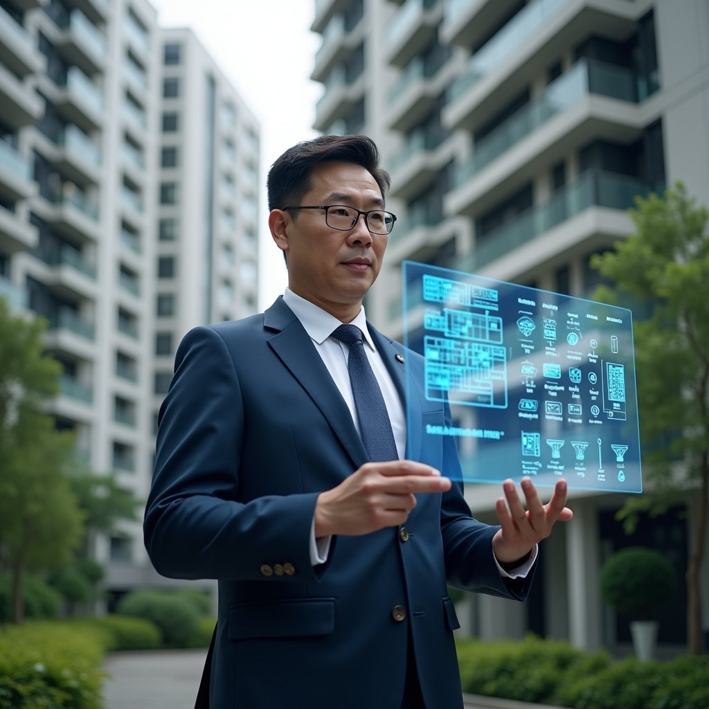 Ultra-realistic condominium manager in a tailored navy blue suit, set in a modern luxury condominium environment with high-rise buildings and lush green landscaping, confidently reviewing a floating holographic cost-saving chart, surrounded by holographic icons of coins and building blueprints, cinematic lighting, shallow depth of field, highly detailed textures, realistic skin, photographic realism, 8k resolution --ar 1:1 --v 6