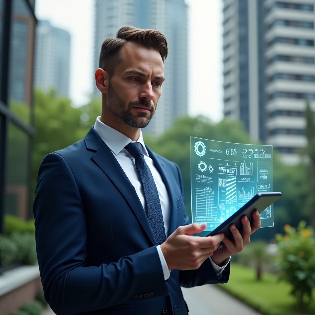 Ultra-realistic condominium manager in a navy blue executive suit, set in a modern luxury condominium environment with high-rise buildings and lush green landscaping, confidently holding a tablet displaying holographic dashboards and icons of gears, charts, and building outlines, cinematic lighting, shallow depth of field, highly detailed textures, realistic skin, photographic realism, 8k resolution --ar 1:1 --v 6