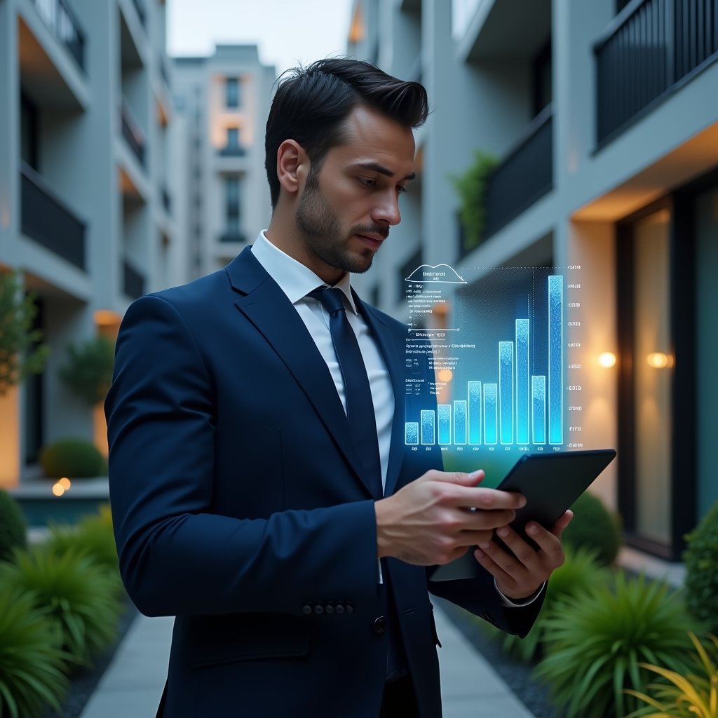 Ultra-realistic condominium manager in a navy executive suit, set in a modern luxury condominium environment with high-rise buildings and lush green landscaping, holding a tablet and analyzing holographic financial charts illustrating cost reduction, glowing icons of budget, efficiency and transparency floating beside them, confident and focused expression, cinematic lighting, shallow depth of field, highly detailed textures, realistic skin, photographic realism, 8k resolution --ar 1:1 --v 6