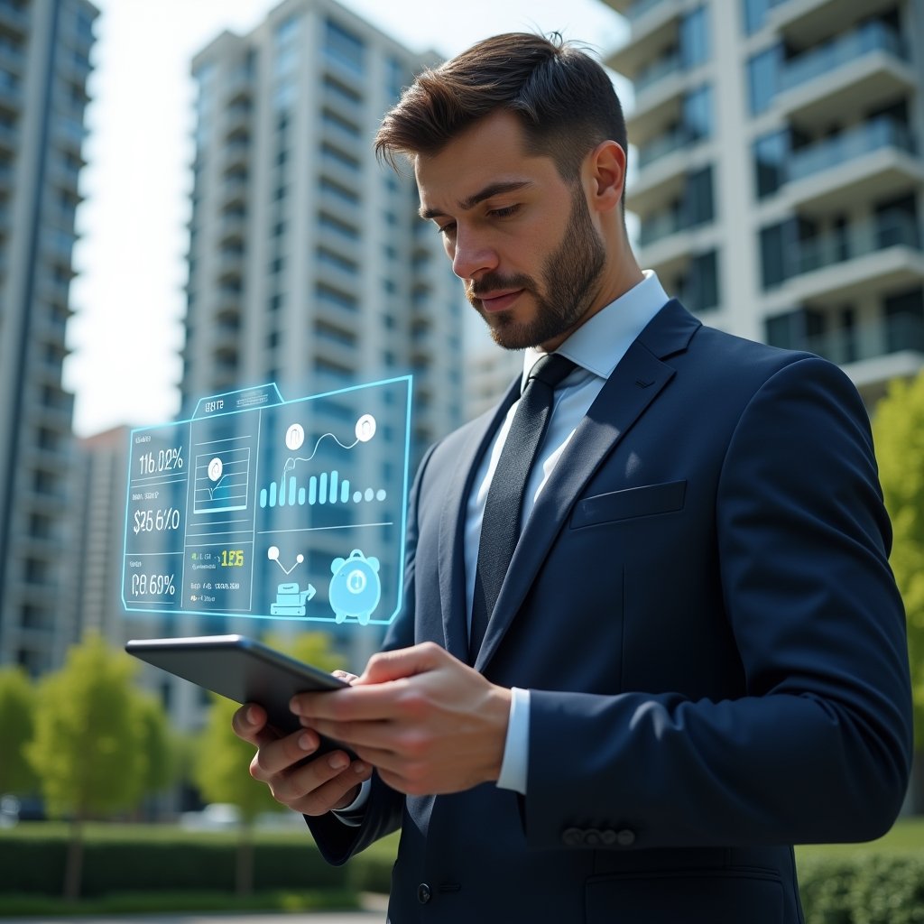 (Ultra-realistic property manager in a navy suit, set in a modern luxury condominium environment with high-rise buildings and green landscaping, reviewing a digital holographic cost chart above a tablet with floating icons of a piggy bank and energy sensors, confident and focused expression, cinematic lighting, shallow depth of field, highly detailed textures, realistic skin, photographic realism, 8k resolution --ar 1:1 --v 6)