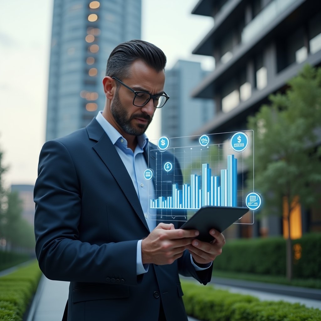 Ultra-realistic condominium manager in a navy executive suit, set in a modern luxury condominium environment with high-rise buildings and manicured green landscaping, medium close-up of the manager confidently reviewing a holographic expense reduction chart on a tablet, floating icons of savings, contracts and financial graphs around them, cinematic lighting, shallow depth of field, highly detailed textures, realistic skin, photographic realism, 8k resolution --ar 1:1 --v 6