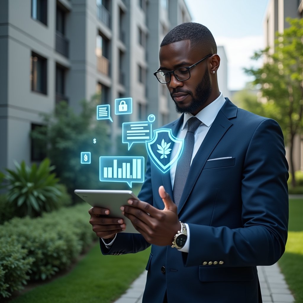 (Ultra-realistic condo manager in a tailored navy suit, set in a modern luxury condominium environment with high-rise buildings and lush green landscaping, holding a tablet displaying holographic icons of chat bubbles, financial graphs and a security shield, confidently interacting with the digital interface, cinematic lighting, shallow depth of field, highly detailed textures, realistic skin, photographic realism, 8k resolution --ar 1:1 --v 6)