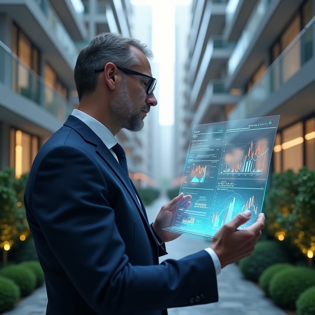 (Ultra-realistic condominium manager in a navy executive suit, set in a modern luxury condominium environment with high-rise buildings and meticulously landscaped greenery, confidently reviewing holographic financial charts and bar graphs floating before them, five glowing indicators highlighted, cinematic lighting, shallow depth of field, highly detailed textures, realistic skin, photographic realism, 8k resolution --ar 1:1 --v 6)