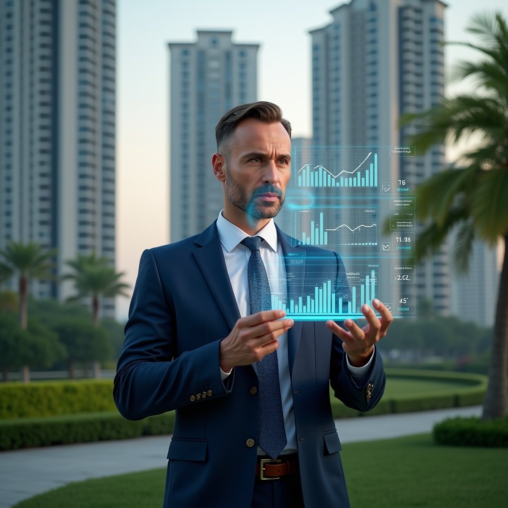 (Ultra-realistic condominium manager in a tailored navy suit, set in a modern luxury condominium environment with high-rise buildings and lush green landscaping, mid-shot analyzing floating holographic KPI charts displaying financial indicators, confident and focused expression, holographic icons for revenue, cash flow, contingency reserve and cost per unit orbiting around, cinematic lighting, shallow depth of field, highly detailed textures, realistic skin, photographic realism, 8k resolution --ar 1:1 --v 6)