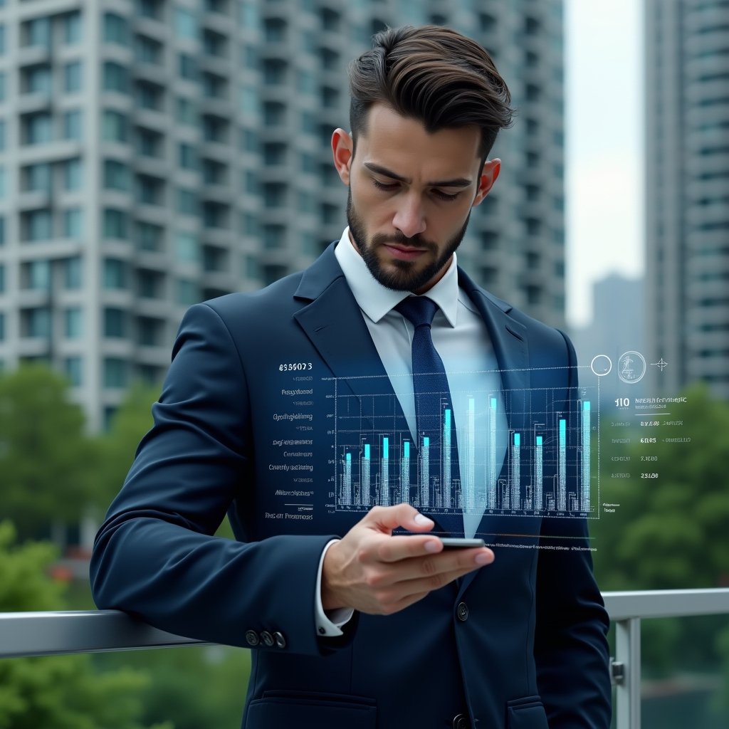 (Ultra-realistic condominium manager in a navy executive suit, set in a modern luxury condominium environment with high-rise buildings and lush green landscaping, examining a holographic financial dashboard with floating charts and transparency icons, confident and focused expression, cinematic lighting, shallow depth of field, highly detailed textures, realistic skin, photographic realism, 8k resolution --ar 1:1 --v 6)