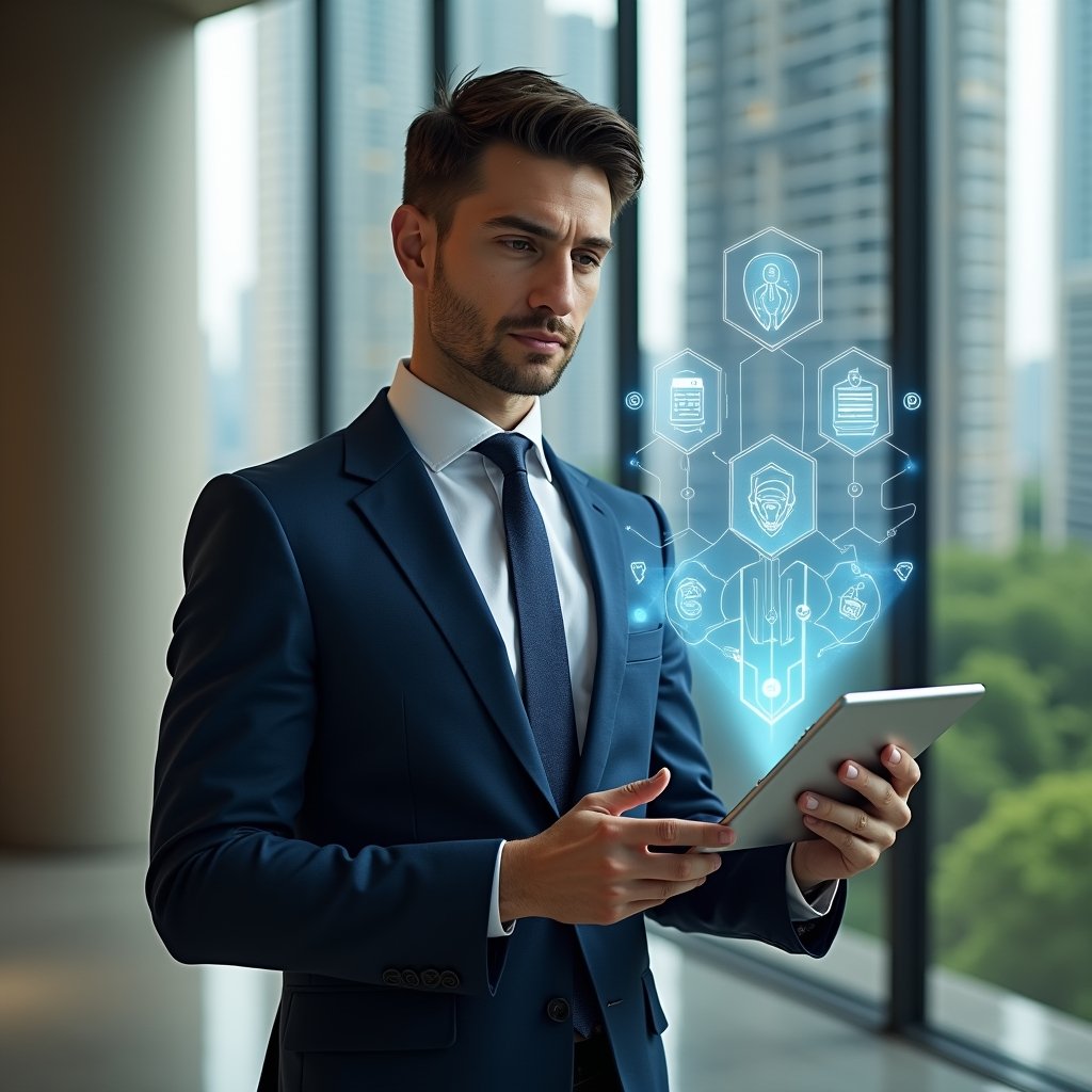 (Ultra-realistic condo manager in a tailored navy suit, set in a modern luxury condominium lobby with high-rise buildings and lush green landscaping visible through floor-to-ceiling windows, holding a sleek tablet projecting holographic icons for AI analytics, chatbot support, remote meetings, real-time geolocation, and cloud document storage, confident and focused expression, cinematic lighting, shallow depth of field, highly detailed textures, realistic skin, photographic realism, 8k resolution --ar 1:1 --v 6)