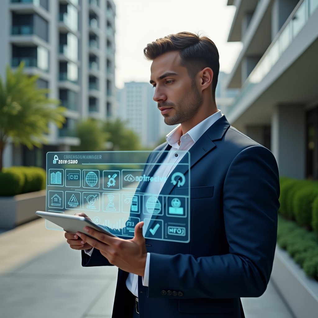 Ultra-realistic condominium manager in a navy blue suit, set in a modern luxury condominium environment with high-rise buildings and manicured green landscaping, holding a tablet displaying a holographic activity schedule, looking focused and confident, with floating icons for maintenance, assemblies and routine tasks around the tablet, cinematic lighting, shallow depth of field, highly detailed textures, realistic skin, photographic realism, 8k resolution --ar 1:1 --v 6