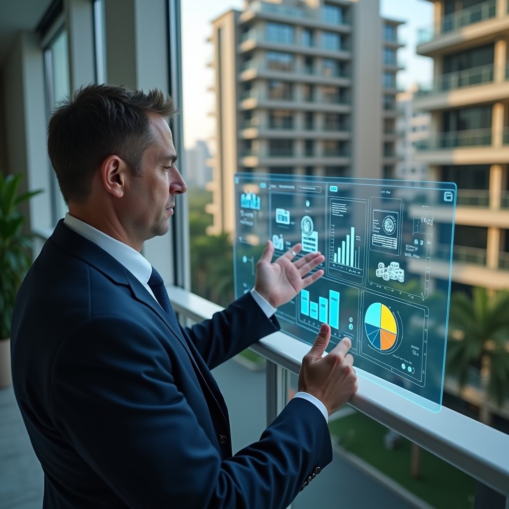 (Ultra-realistic condominium manager in a tailored navy suit, set in a modern luxury condominium environment with high-rise buildings and manicured greenery, closely examining a holographic financial dashboard displaying colorful pie charts and bar graphs, translucent icons of receipts and currency symbols floating around, confident and focused expression, cinematic lighting, shallow depth of field, highly detailed textures, realistic skin, photographic realism, 8k resolution --ar 1:1 --v 6)