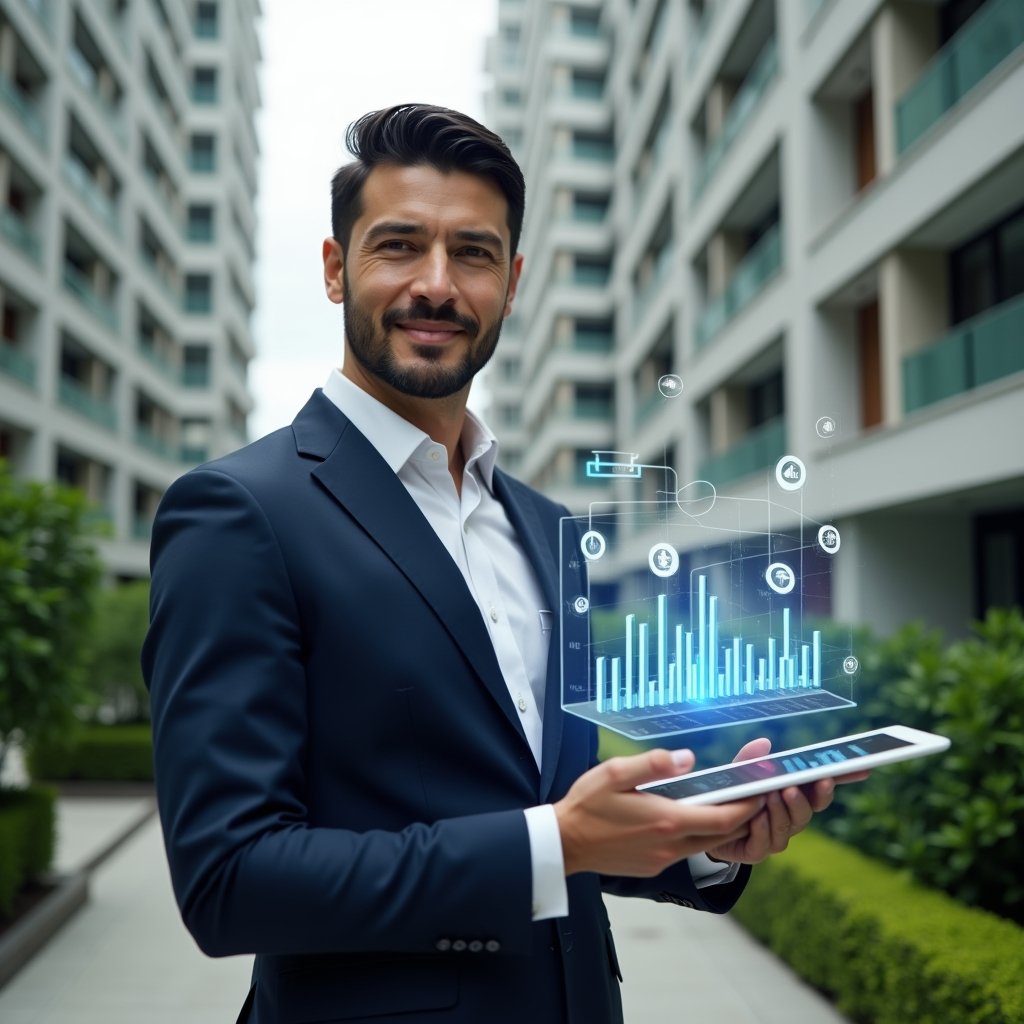 Ultra-realistic condominium manager in a navy executive suit, set in a modern luxury condominium environment with high-rise buildings and manicured green landscaping, medium shot holding a transparent tablet projecting holographic expense charts and floating invoice and coin icons, confident and focused expression, cinematic lighting, shallow depth of field, highly detailed textures, realistic skin, photographic realism, 8k resolution --ar 1:1 --v 6