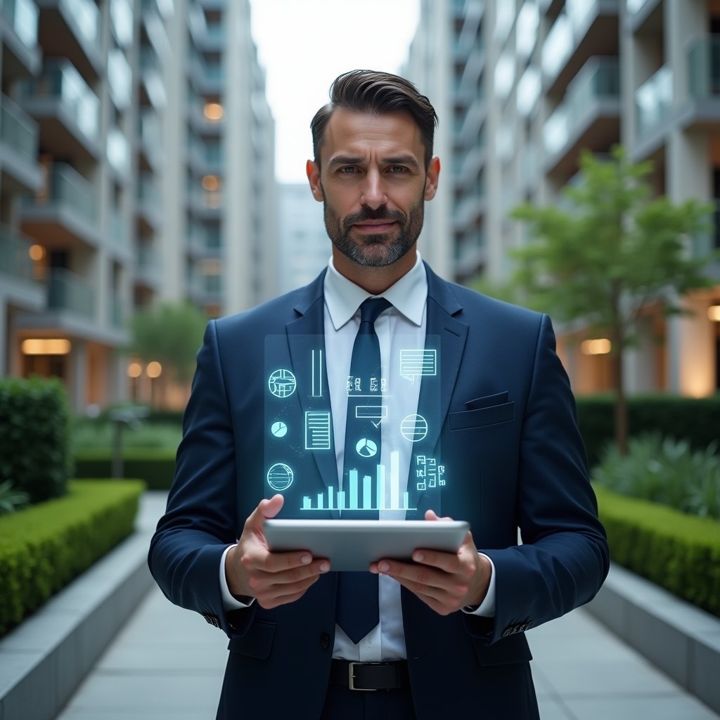 (Ultra-realistic condominium manager in a tailored navy suit, set in a modern luxury condominium environment with high-rise buildings and manicured green landscaping, holding a transparent holographic financial report with floating pie charts and bar graphs above a tablet, looking confident and focused, symbolic holographic icons of documents and checkmarks, cinematic lighting, shallow depth of field, highly detailed textures, realistic skin, photographic realism, 8k resolution --ar 1:1 --v 6)