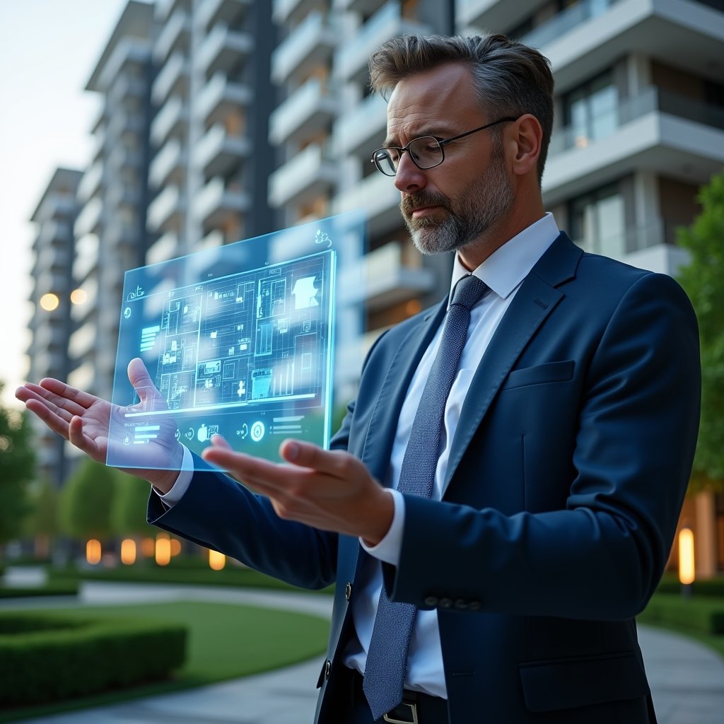 Ultra-realistic condominium manager in a navy blue suit, set in a modern luxury condominium environment with high-rise buildings and manicured green landscaping, confidently interacting with a floating holographic interface displaying floor plans and analytics, glowing checklist and graph icons hovering around, cinematic lighting, shallow depth of field, highly detailed textures, realistic skin, photographic realism, 8k resolution --ar 1:1 --v 6