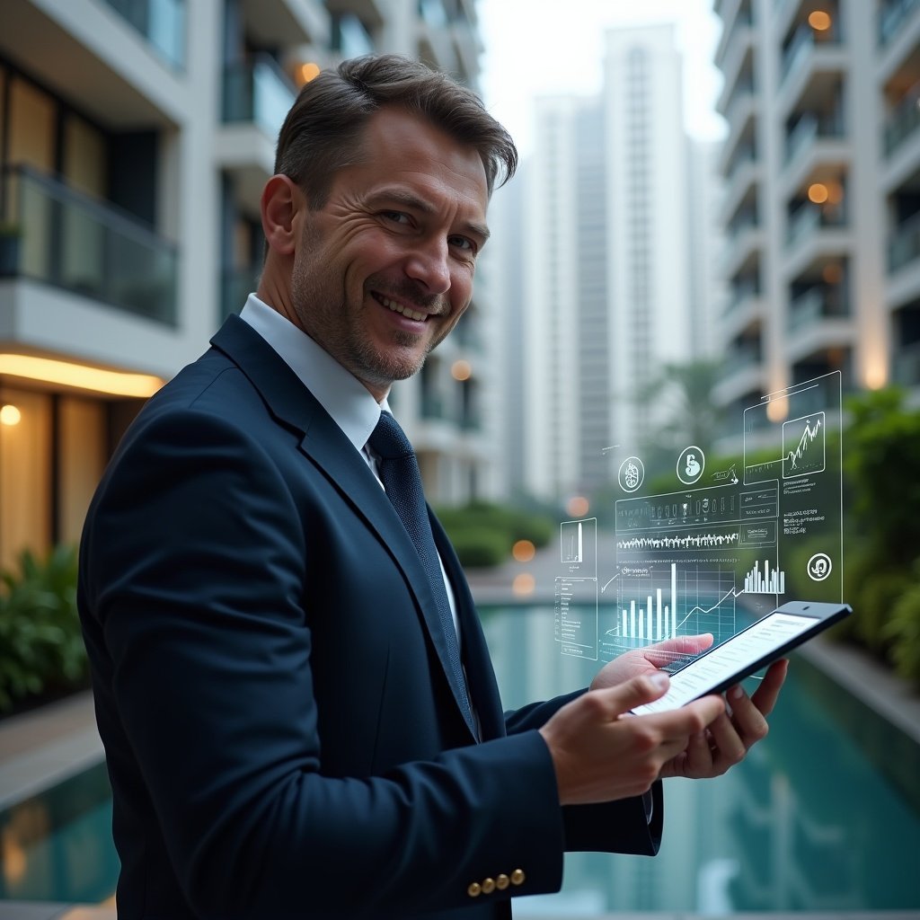 Ultra-realistic condominium manager in a dark navy suit, set in a modern luxury condominium environment with high-rise buildings and manicured green landscaping, holding a transparent digital ledger tablet displaying holographic financial charts, confidently analyzing data with a slight smile, symbolic floating icons of coins and graphs around them, cinematic lighting, shallow depth of field, highly detailed textures, realistic skin, photographic realism, 8k resolution --ar 1:1 --v 6