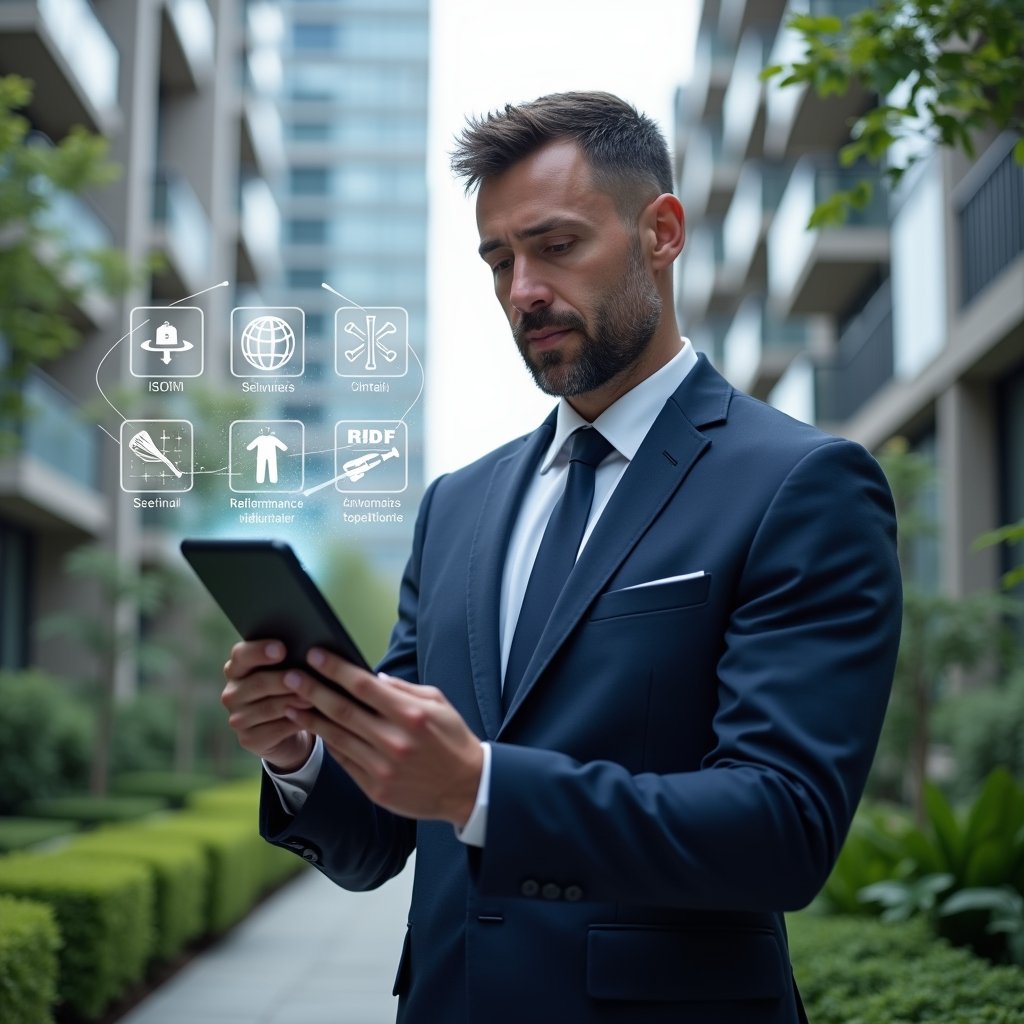 (Ultra-realistic condominium manager in a navy blue suit, set in a modern luxury condominium environment with high-rise buildings and lush landscaped gardens, interacting with a floating holographic maintenance schedule and calendar icons, holographic cleaning tool symbols orbiting around him, confident and focused expression, cinematic lighting, shallow depth of field, highly detailed textures, realistic skin, photographic realism, 8k resolution --ar 1:1 --v 6)