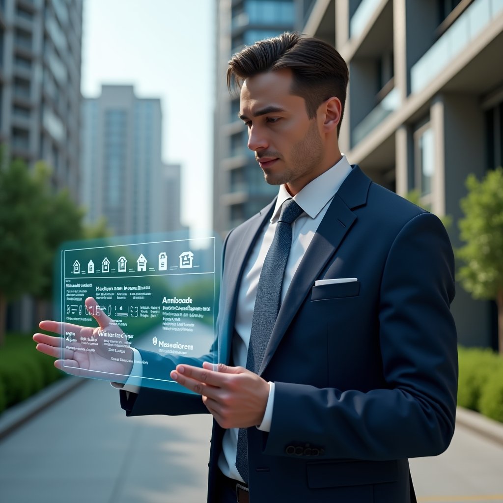 (Ultra-realistic condominium manager in a navy blue suit, set in a modern luxury condominium environment with high-rise buildings and manicured green landscaping, holding and interacting with a transparent holographic activity schedule displaying maintenance, assembly and inspection icons, confidently analyzing a floating digital timeline, cinematic lighting, shallow depth of field, highly detailed textures, realistic skin, photographic realism, 8k resolution --ar 1:1 --v 6)