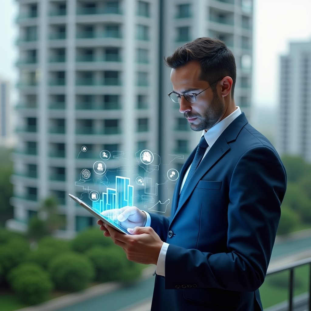 Ultra-realistic condominium manager in a navy blue business suit, set in a modern luxury condominium environment with high-rise buildings and green landscaping, reviewing a holographic cloud-based management dashboard on a transparent tablet, floating report graphs and cloud icons around, confident and focused expression, cinematic lighting, shallow depth of field, highly detailed textures, realistic skin, photographic realism, 8k resolution --ar 1:1 --v 6