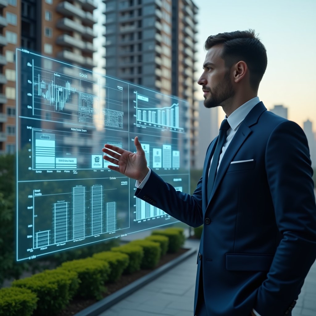 Ultra-realistic condominium manager in a dark blue suit, set in a modern luxury condominium environment with high-rise buildings and meticulously manicured greenery, examining a floating holographic dashboard of expense charts and construction icons, gesturing confidently toward the digital projections of bills and graphs, cinematic lighting, shallow depth of field, highly detailed textures, realistic skin, photographic realism, 8k resolution --ar 1:1 --v 6