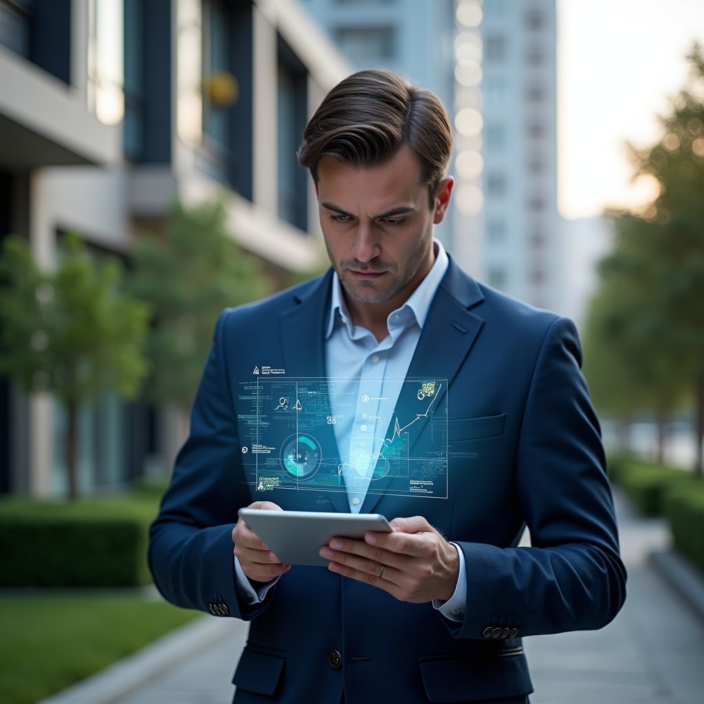 (Ultra-realistic condominium manager in a navy blue suit, set in a modern luxury condominium environment with high-rise buildings and manicured green landscaping, holding a tablet displaying holographic financial charts and icons, confidently analyzing data to represent transparency and efficiency, cinematic lighting, shallow depth of field, highly detailed textures, realistic skin, photographic realism, 8k resolution --ar 1:1 --v 6)