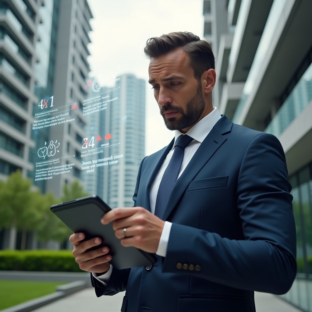(Ultra-realistic condominium manager in a tailored navy suit, set in a modern luxury condominium environment with high-rise buildings and manicured green landscapes, mid-shot view of the manager holding a tablet and examining a holographic interface displaying warning icons and error notifications related to property management, expression thoughtful and slightly concerned, symbolic floating red Xs and warning triangles over digital dashboards, cinematic lighting, shallow depth of field, highly detailed textures, realistic skin, photographic realism, 8k resolution --ar 1:1 --v 6)