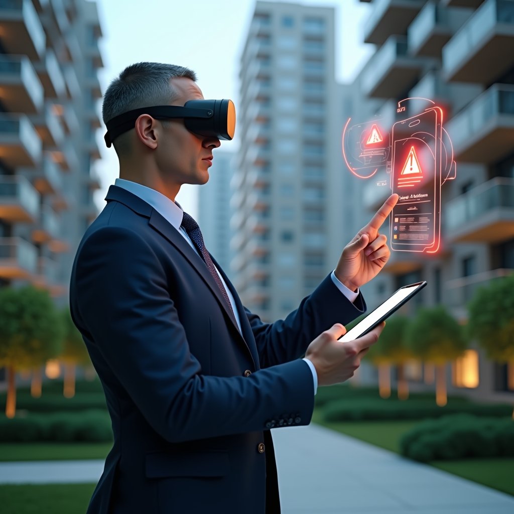 Ultra-realistic condominium manager in a dark blue suit, set in a modern luxury condominium environment with high-rise buildings and manicured green landscaping, standing in a medium shot with a tablet in hand and pointing at floating holographic app icons showing warning symbols, holographic smartphone interface with red error triangles and dashboard graphs, cinematic lighting, shallow depth of field, highly detailed textures, realistic skin, photographic realism, 8k resolution --ar 1:1 --v 6