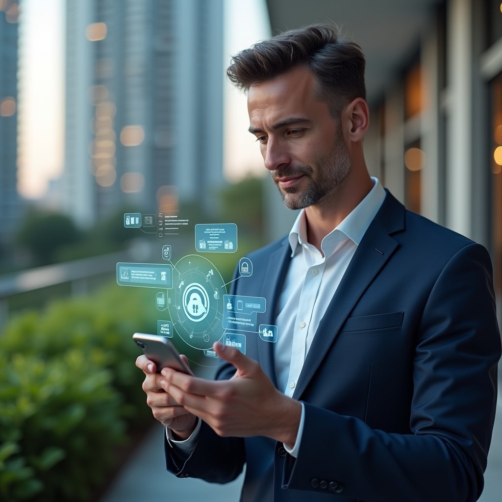 Ultra-realistic condominium manager in a navy business suit, set in a modern luxury condominium environment with high-rise buildings and lush green landscaping, holding a smartphone displaying holographic app icons and analyzing a floating interface of a condo management application, confident and thoughtful expression, floating holograms of security locks, chat bubbles, and integration puzzle pieces symbolizing common management errors, cinematic lighting, shallow depth of field, highly detailed textures, realistic skin, photographic realism, 8k resolution --ar 1:1 --v 6