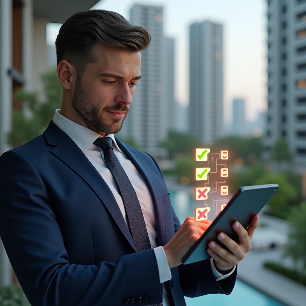Ultra-realistic condominium manager in a navy blue tailored suit, set in a modern luxury condominium environment with high-rise buildings and manicured green landscaping, examining a digital tablet displaying holographic checklist icons with red crosses and green checks, confident and focused expression, cinematic lighting, shallow depth of field, highly detailed textures, realistic skin, photographic realism, 8k resolution --ar 1:1 --v 6