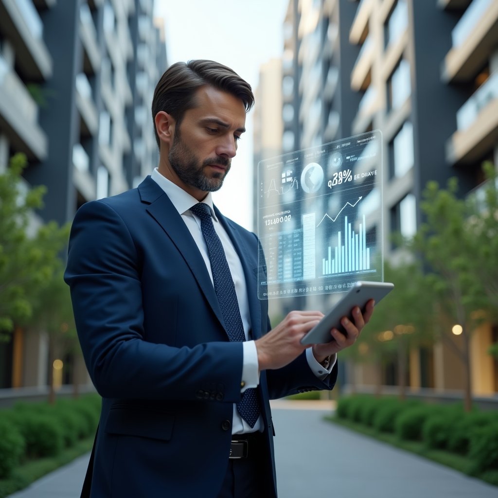 (Ultra-realistic condominium manager in a tailored navy suit, set in a modern luxury condominium environment with high-rise buildings and lush green landscaping, mid shot of a confident manager reviewing a holographic financial report floating above a tablet, transparent ledgers and pie charts holograms symbolizing accountability and transparency, cinematic lighting, shallow depth of field, highly detailed textures, realistic skin, photographic realism, 8k resolution --ar 1:1 --v 6)