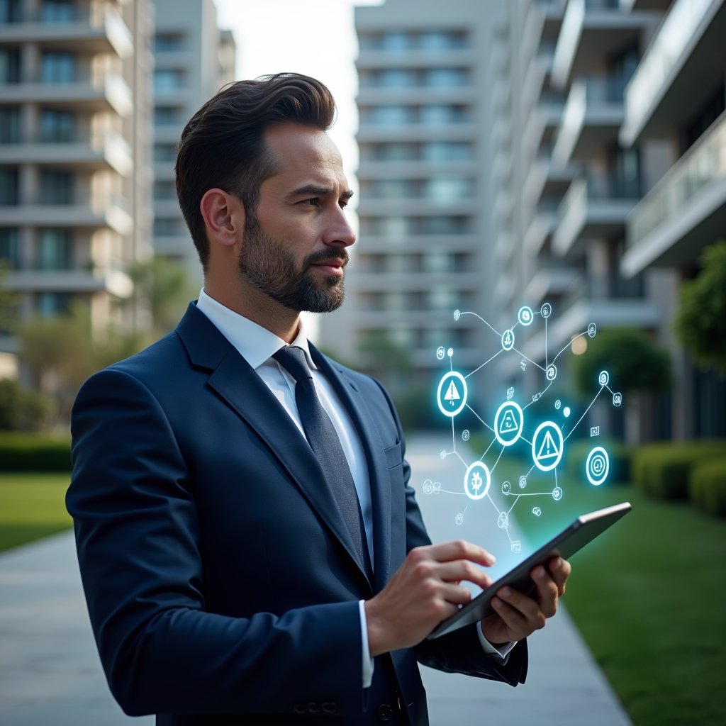 Ultra-realistic condominium manager in a tailored navy-blue suit, set in a modern luxury condominium environment with high-rise buildings and manicured green landscaping, holding a transparent tablet and analyzing floating holographic app icons and warning symbols that represent common selection errors, thoughtful expression, cinematic lighting, shallow depth of field, highly detailed textures, realistic skin, photographic realism, 8k resolution --ar 1:1 --v 6