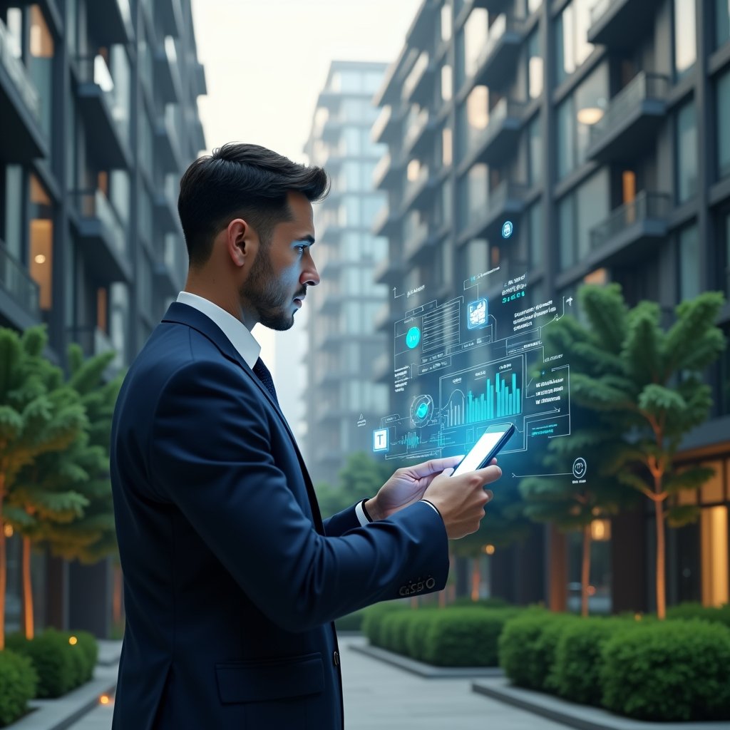 (Ultra-realistic condo manager in a navy suit, set in a modern luxury condominium environment with high-rise buildings and well-kept green landscaping, thoughtfully analyzing a holographic condominium management app interface with floating warning icons, error symbols and performance charts, cinematic lighting, shallow depth of field, highly detailed textures, realistic skin, photographic realism, 8k resolution --ar 1:1 --v 6)