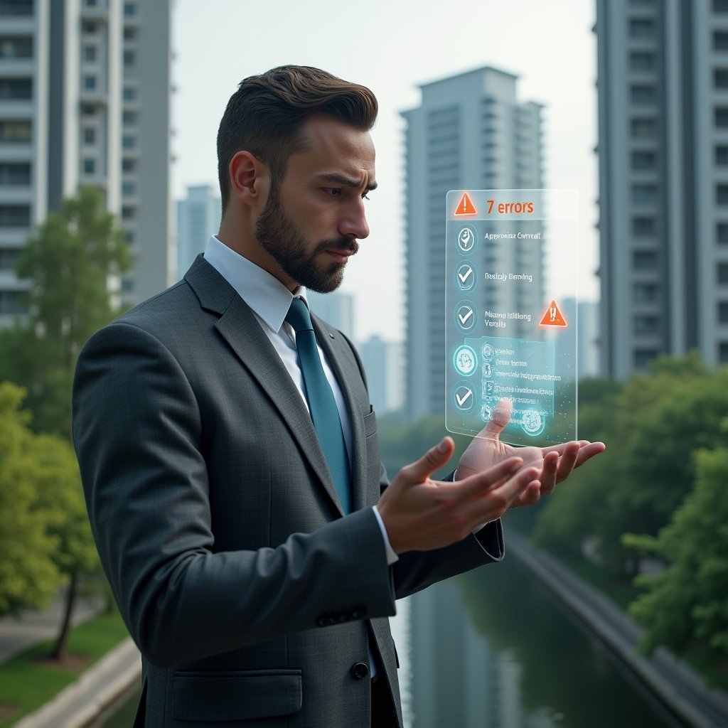(Ultra-realistic condominium manager in a charcoal gray suit, set in a modern luxury condominium environment with high-rise buildings and lush green landscaping, examining a floating holographic interface with warning icons and checklist elements representing “7 errors,” thoughtful and focused expression, cinematic lighting, shallow depth of field, highly detailed textures, realistic skin, photographic realism, 8k resolution --ar 1:1 --v 6)