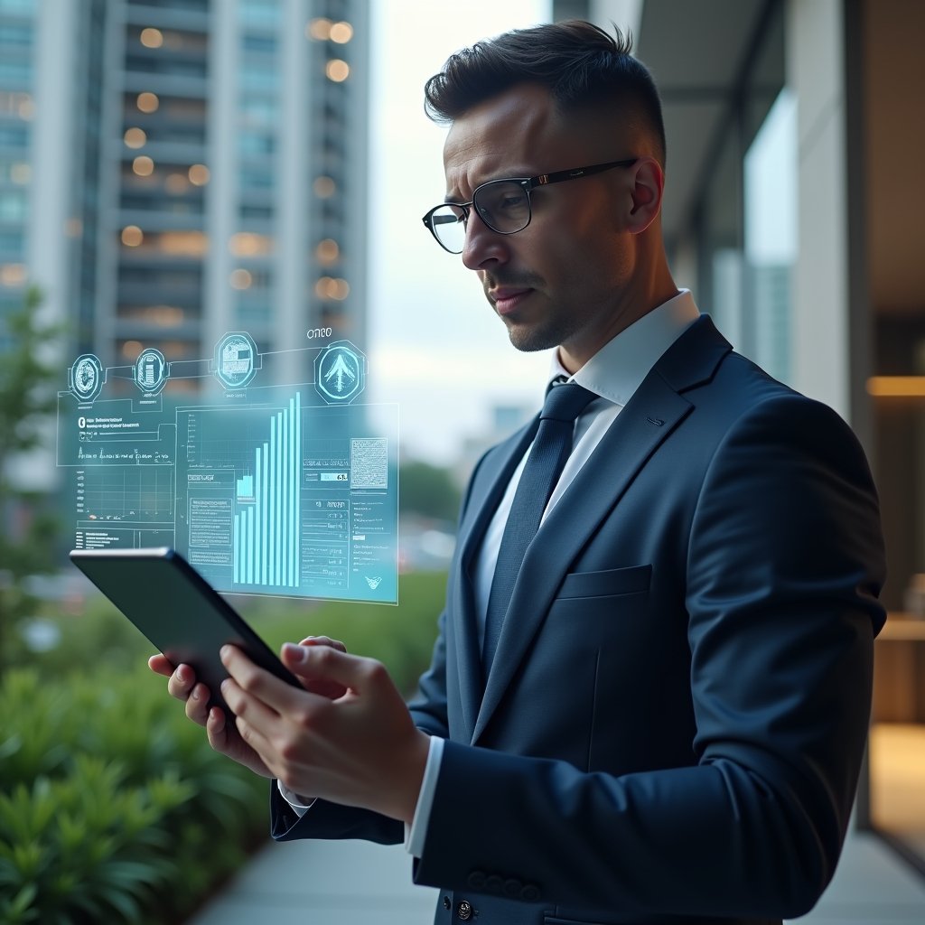 (Ultra-realistic property manager in a tailored navy suit, set in a modern luxury condominium environment with high-rise buildings and lush green landscaping, holding a tablet displaying a floating holographic condominium management app interface, confidently analyzing the hologram, surrounded by subtle icons of charts and checklists, cinematic lighting, shallow depth of field, highly detailed textures, realistic skin, photographic realism, 8k resolution --ar 1:1 --v 6)