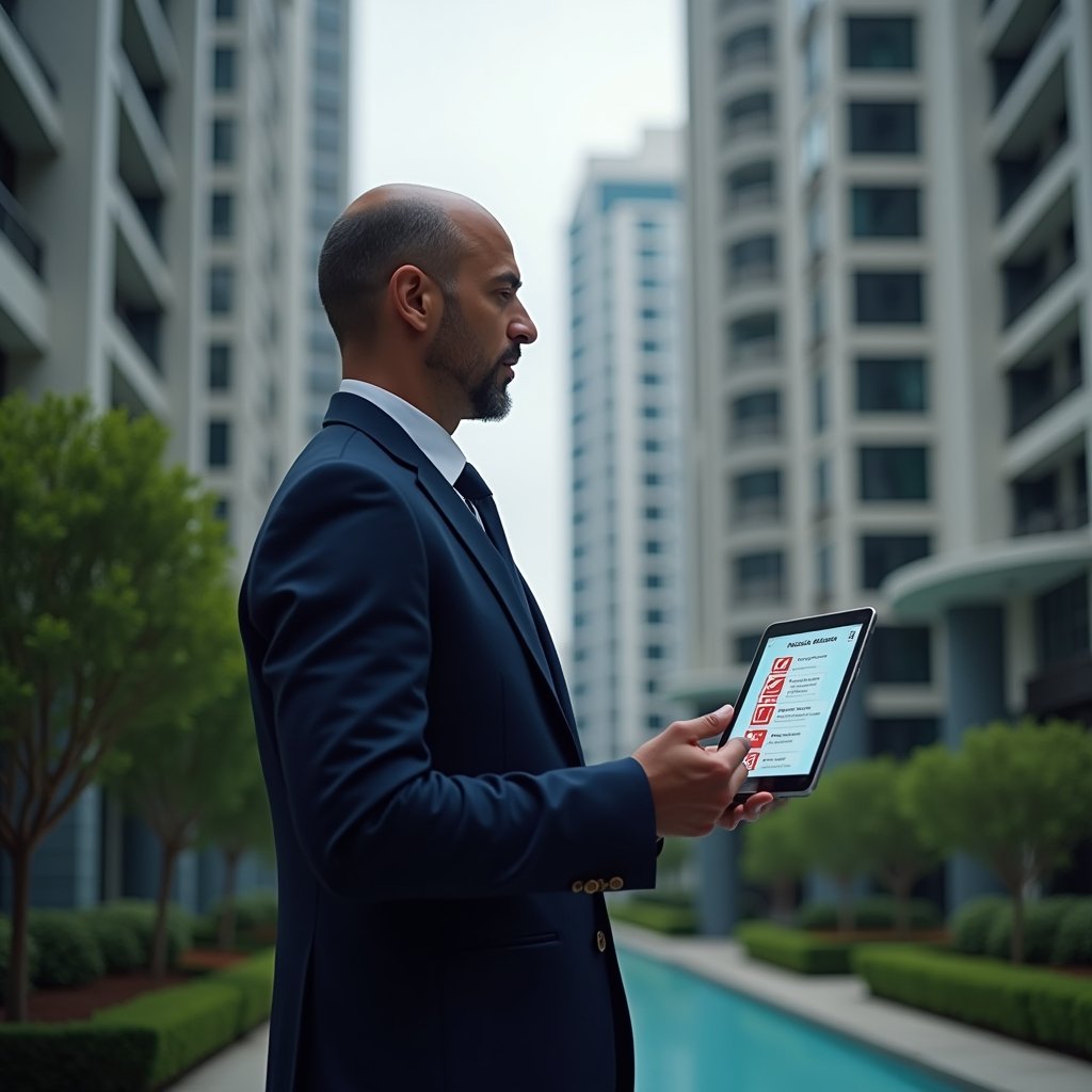 (Ultra-realistic condominium manager in a tailored navy suit, set in a modern luxury condominium environment with high-rise buildings and manicured greenery, mid-shot of a thoughtful professional holding a tablet displaying a floating holographic checklist with red error icons, cinematic lighting, shallow depth of field, highly detailed textures, realistic skin, photographic realism, 8k resolution --ar 1:1 --v 6)