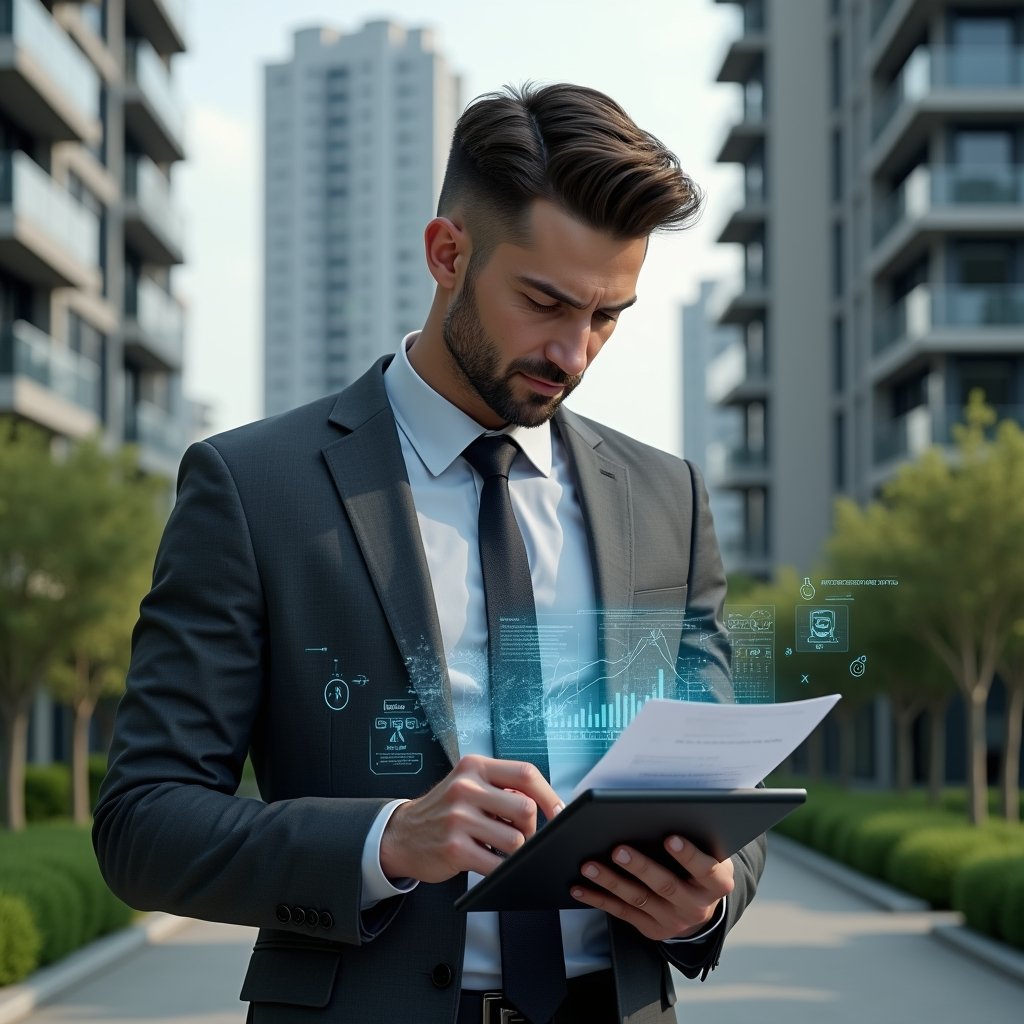 Ultra-realistic condominium manager in a charcoal gray suit, set in a modern luxury condominium environment with high-rise buildings and manicured green landscaping, reviewing financial documents on a sleek tablet with holographic charts and warning icons floating around, focused and confident expression, cinematic lighting, shallow depth of field, highly detailed textures, realistic skin, photographic realism, 8k resolution --ar 1:1 --v 6