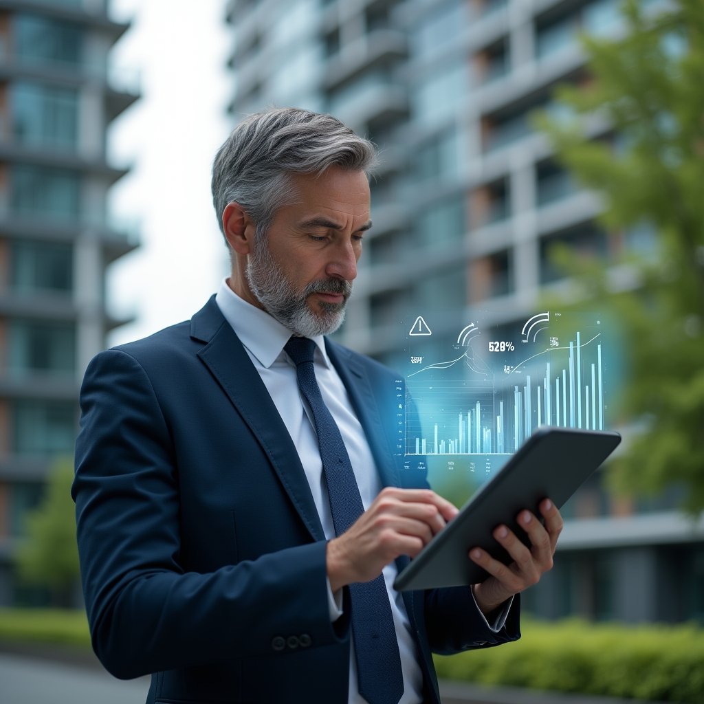 Ultra-realistic condo manager in a navy executive suit, set in a modern luxury condominium environment with high-rise buildings and lush green landscaping, reviewing holographic financial charts on a transparent tablet with a focused expression, floating 3D graphs and icons representing accounting errors around them, cinematic lighting, shallow depth of field, highly detailed textures, realistic skin, photographic realism, 8k resolution --ar 1:1 --v 6