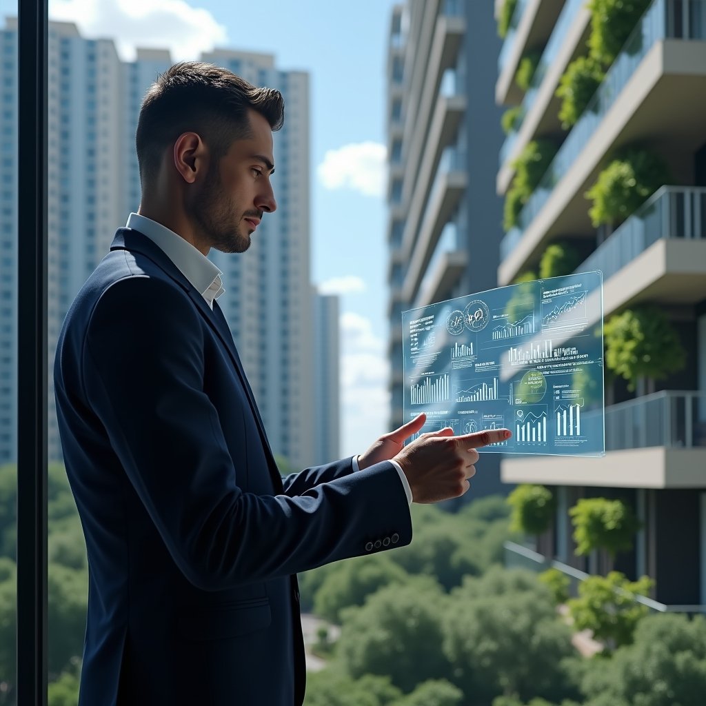 (Ultra-realistic condominium manager in a tailored navy suit, set in a modern luxury condominium environment with high-rise buildings and meticulously landscaped greenery, analyzing a holographic financial report dashboard floating before them, translucent charts and icons symbolizing transparency and error prevention, cinematic lighting, shallow depth of field, highly detailed textures, realistic skin, photographic realism, 8k resolution --ar 1:1 --v 6)