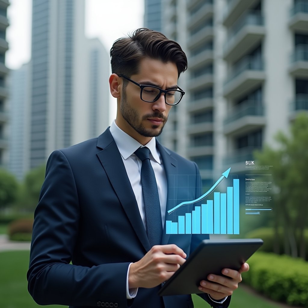 Ultra-realistic condominium manager in a navy executive suit, set in a modern luxury condominium environment with high-rise buildings and lush green landscaping, holding a tablet and analyzing holographic financial charts floating above the device, with a translucent balance sheet icon hovering beside them, confident and focused expression, cinematic lighting, shallow depth of field, highly detailed textures, realistic skin, photographic realism, 8k resolution --ar 1:1 --v 6