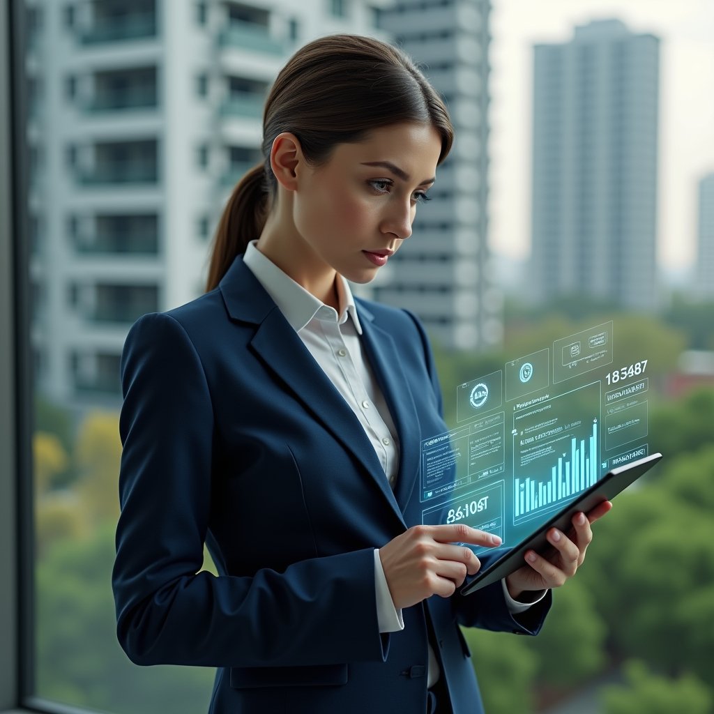 Ultra-realistic female condominium manager in a tailored navy suit, set in a modern luxury condominium environment with high-rise buildings and pristine green landscaping, mid shot of her reviewing a tablet displaying holographic financial charts and error-alert icons, expression serious and focused, cinematic lighting, shallow depth of field, highly detailed textures, realistic skin, photographic realism, 8k resolution --ar 1:1 --v 6