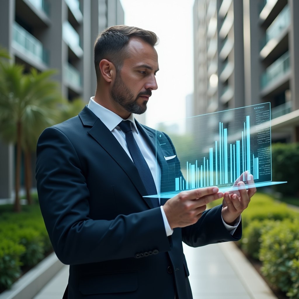 Ultra-realistic condominium manager in a dark navy tailored suit, set in a modern luxury condominium environment with high-rise buildings and manicured green landscaping, reviewing a transparent holographic financial report with charts and graphs projected mid-air, confident and focused expression, cinematic lighting, shallow depth of field, highly detailed textures, realistic skin, photographic realism, 8k resolution --ar 1:1 --v 6