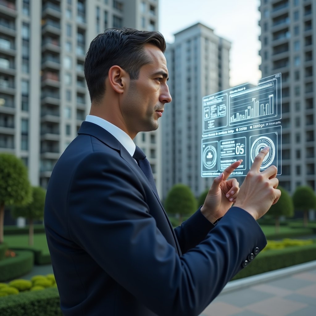 Ultra-realistic condominium manager in a navy suit, set in a modern luxury condominium environment with high-rise buildings and manicured gardens, examining holographic financial charts and pointing at warning icons representing common accounting errors, serious and focused expression, cinematic lighting, shallow depth of field, highly detailed textures, realistic skin, photographic realism, 8k resolution --ar 1:1 --v 6