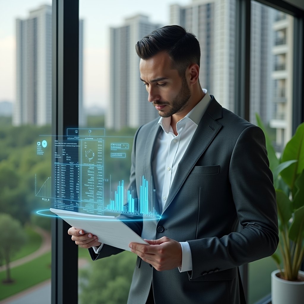 Ultra-realistic condominium manager in a charcoal gray suit, set in a modern luxury condominium environment with high-rise buildings and lush green landscaping, reviewing translucent holographic financial reports with floating pie charts and ledger entries, focused and confident expression, cinematic lighting, shallow depth of field, highly detailed textures, realistic skin, photographic realism, 8k resolution --ar 1:1 --v 6