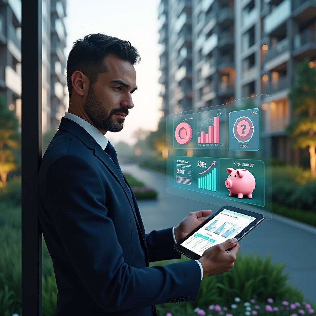 (Ultra-realistic condominium manager in a navy executive suit, set in a modern luxury condominium environment with high-rise buildings and meticulously landscaped gardens, holding a digital tablet displaying holographic cost-saving charts, confidently analyzing expense reports, floating icons of a piggy bank and downward-trend graph beside them, cinematic lighting, shallow depth of field, highly detailed textures, realistic skin, photographic realism, 8k resolution --ar 1:1 --v 6)