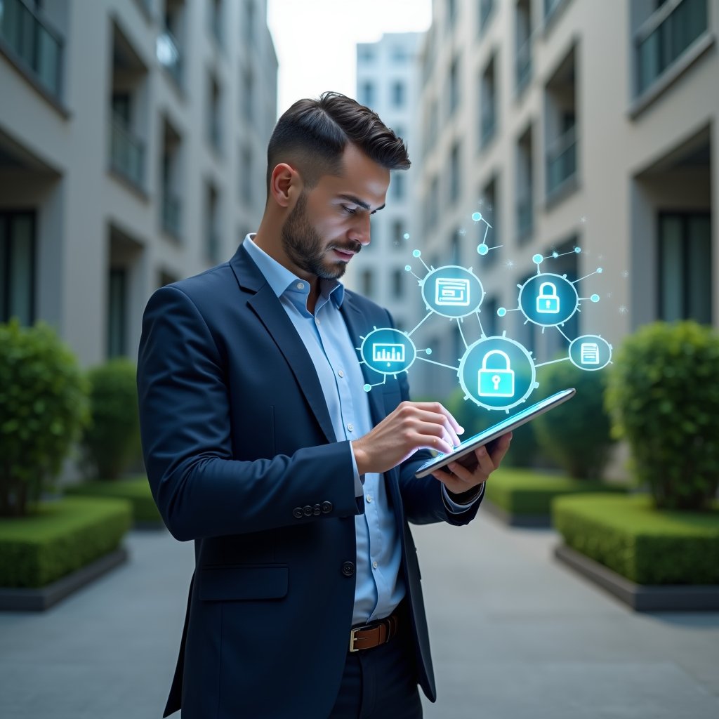 (Ultra-realistic condominium manager in a dark blue suit, set in a modern luxury condominium environment with high-rise buildings and well-manicured green landscaping, holding a tablet displaying holographic icons of a calendar, chat bubble, financial chart and security lock, confidently interacting with the floating app interface to illustrate task optimization and communication efficiency, cinematic lighting, shallow depth of field, highly detailed textures, realistic skin, photographic realism, 8k resolution --ar 1:1 --v 6)