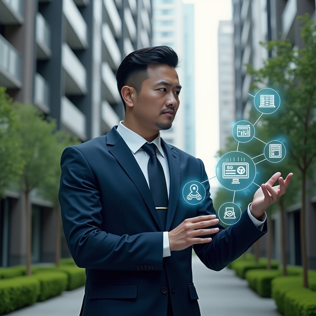 Ultra-realistic condominium manager in a dark blue suit, set in a modern luxury condominium environment with high-rise buildings and manicured green landscaping, interacting with floating holographic icons representing scheduling, financial charts, space reservations, access control, maintenance logs, communication alerts and analytics, confident and focused expression, cinematic lighting, shallow depth of field, highly detailed textures, realistic skin, photographic realism, 8k resolution --ar 1:1 --v 6