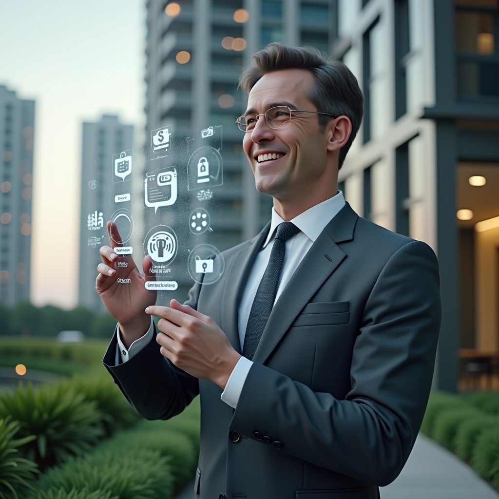 (Ultra-realistic condominium manager in a tailored dark gray suit, set in a modern luxury condominium environment with high-rise buildings and lush green landscaping, confidently interacting with a holographic interface showcasing icons for communication, finance tracking, space reservations, maintenance requests, security access, document management and analytics, cinematic lighting, shallow depth of field, highly detailed textures, realistic skin, photographic realism, 8k resolution --ar 1:1 --v 6)