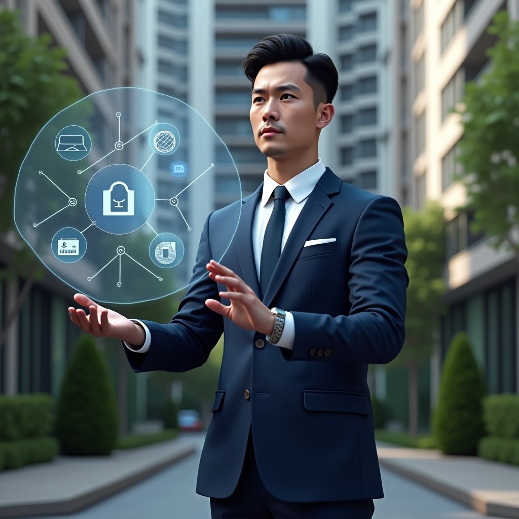 (Ultra-realistic condominium manager in a navy blue executive suit, set in a modern luxury condominium environment with high-rise buildings and manicured greenery, interacting with a holographic interface displaying icons for finance, communication, reservations, security, maintenance, billing and reports, confident expression, cinematic lighting, shallow depth of field, highly detailed textures, realistic skin, photographic realism, 8k resolution --ar 1:1 --v 6)