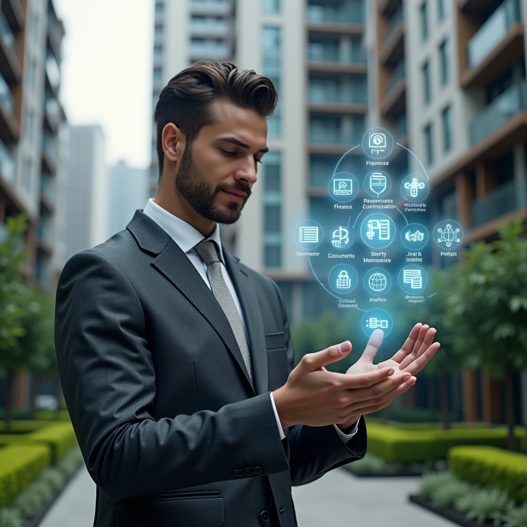Ultra-realistic condominium manager in a charcoal gray suit, set in a modern luxury condominium environment with high-rise buildings and manicured green landscaping, examining a floating holographic interface displaying icons for finance, reservations, communication, security, maintenance, documents and analytics, holographic app elements glowing around their hand, confident and focused expression, cinematic lighting, shallow depth of field, highly detailed textures, realistic skin, photographic realism, 8k resolution --ar 1:1 --v 6